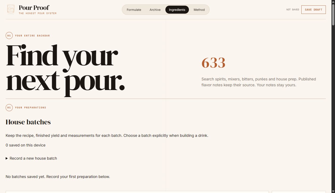 The Ingredients tab showing 633 searchable pours and the House batches section